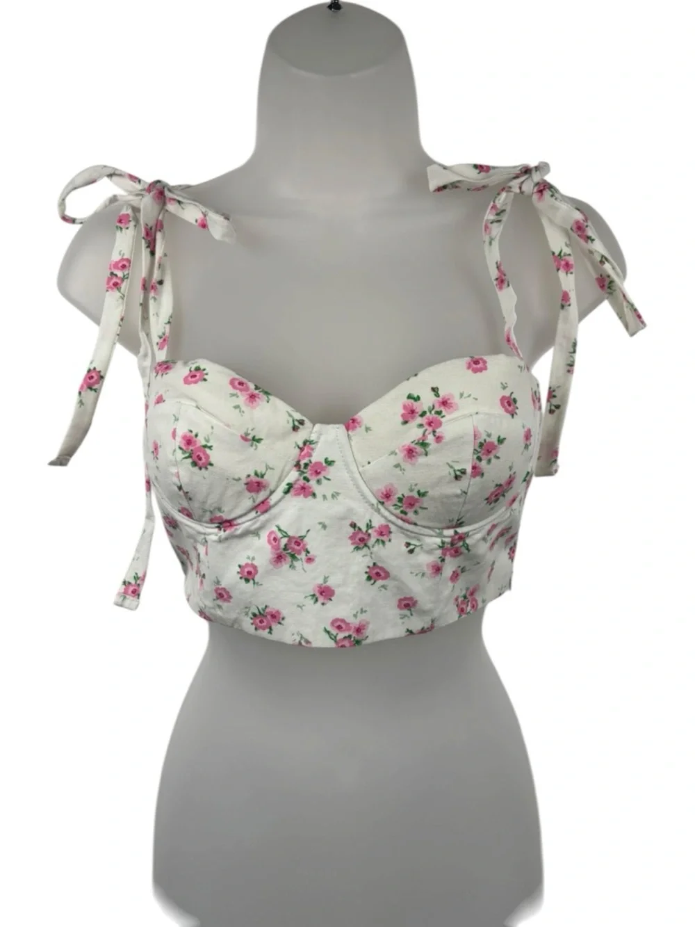 Zara Bustier Crop Top Smocked Floral White Pink Size S Coquette Cottagecore - Picture 3 of 10